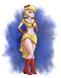 Rule 34 | 1girl, bad tag, bandai namco, blonde hair, boots, breasts, brown eyes, feet, female focus, from side, full body, gloves, hand on own hip, huge breasts, humanized, looking at another, ms pac-man, namco, orange gloves, pac-man, pac-man (series), purple eyebrows, red boots, ribbon, saf-404, saf 404, short hair, skirt, solo focus, standing, thighhighs, yellow skirt, yellow top