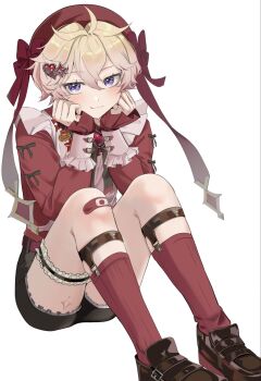 1boy bandaid bandaid_on_leg black_shorts blonde_hair brown_shoes closed_mouth commentary_request dahlia_(genshin_impact) genshin_impact hair_ornament hat heart heart_hair_ornament highres long_sleeves male_focus purple_eyes red_hat red_shirt red_socks sahi00000 shirt shoes short_hair shorts smile socks solo star_(symbol) star_hair_ornament thigh_strap white_background