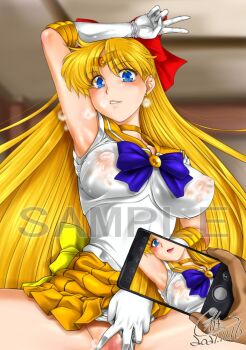 1girl aino_minako bishoujo_senshi_sailor_moon blonde_hair blue_eyes bow breasts cellphone censored earrings gab_dango gloves jewelry large_breasts leotard leotard_peek long_hair looking_at_viewer magical_girl miniskirt nipples phone red_bow sailor_venus short_sleeves skirt teeth very_long_hair