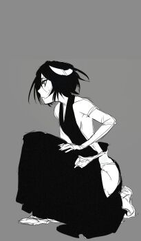 1girl absurdres backless_dress backless_outfit bare_back bare_shoulders black_dress black_hair bleach breasts clothing_cutout cosplay detached_sleeves dress facing_to_the_side frown grey_background greyscale hair_between_eyes halter_dress halterneck hand_on_own_thigh highres hip_vent kneeling kuchiki_rukia lips long_dress looking_to_the_side monochrome on_one_knee panties pantyshot profile sandals sash sekihan_(6kihan) shihakusho short_hair sideboob simple_background sleeveless sleeveless_dress sleeves_past_wrists small_breasts solo sui-feng sui-feng_(cosplay) sweat sweatdrop thigh_peek underwear waist_sash