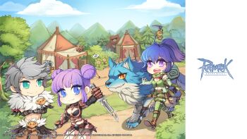 1boy 2girls armor baphomet_jr belt belt_pouch bigfoot_(ragnarok_online) bikini_armor blue_eyes blue_hair blue_sky blush boots bra_strap breasts brown_armor brown_belt brown_footwear brown_pants camouflage camouflage_scarf camouflage_shorts chain chibi chibi_only cleavage closed_mouth cloud coco_(ragnarok_online) combat_knife copyright_notice cowboy_shot crossed_arms double_bun fingerless_gloves flower full_body fur_collar gauntlets geographer_(ragnarok_online) gloves green_gloves green_scarf green_shorts green_thighhighs green_tube_top grey_hair guillotine_cross_(ragnarok_online) hair_bun high_ponytail highres holding holding_knife knife logo looking_at_another looking_at_viewer looking_to_the_side medium_breasts midriff mountainous_horizon multiple_girls navel official_art official_wallpaper open_mouth outdoors pants path pauldrons pine_tree ponytail pouch purple_eyes purple_hair ragnarok_online ranger_(ragnarok_online) reverse_grip road round_teeth scarf shadow_chaser_(ragnarok_online) short_hair short_ponytail shorts shoulder_armor shrug_(clothing) sky smile squirrel strapless taruk teeth tent thighhighs tree tube_top upper_teeth_only walking weapon wolf