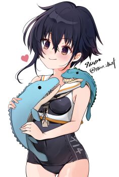 1girl 9610_(kuroto) asymmetrical_hair black_hair black_one-piece_swimsuit blush breast_cutout breasts brown_eyes cowboy_shot framed_breasts gloves hair_between_eyes highres i-14_(kancolle) kantai_collection mosasaurus no_headwear one-piece_swimsuit prehistoric_animal sailor_collar school_swimsuit short_hair smile swimsuit white_sailor_collar