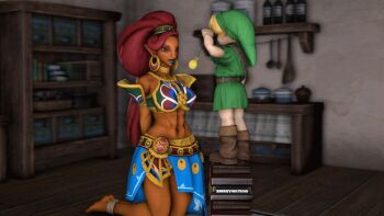 1boy 1girl 20s 3d abs age_difference animated animated_gif armor arms_behind_back barefoot bdsm belt blonde_hair blue_lips blue_skirt bondage book bookshelf boots bottle bound bound_arms bound_legs breastplate breasts brown_footwear counter dark-skinned_female dark_skin earrings gerudo green_cap green_eyes green_headwear green_tunic hat headwear_request hypnosis indoors jar jewelry kneeling large_breasts link lipstick long_hair looping_animation makeup midriff mind_control nintendo pendulum pointy_ears red_hair short_hair shota shoulder_armor size_difference skirt smexy_nation source_filmmaker_(medium) stacking standing the_legend_of_zelda the_legend_of_zelda:_breath_of_the_wild the_legend_of_zelda:_ocarina_of_time tunic urbosa watch watching young_link