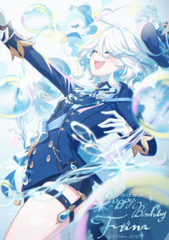1girl absurdres aether_(genshin_impact) ahoge ascot black_gloves blue_eyes blue_hair blue_hat blue_jacket breasts bubble closed_eyes commentary_request crying formal_clothes furina_(genshin_impact) gem genshin_impact gloves grabbing_another&#039;s_hand hair_between_eyes happy_birthday hat highres jacket jewelry kikka_0141 long_hair long_sleeves mini_hat mini_top_hat multicolored_hair open_mouth ribbon small_breasts smile solo streaked_hair suit symbol-shaped_pupils top_hat white_hair