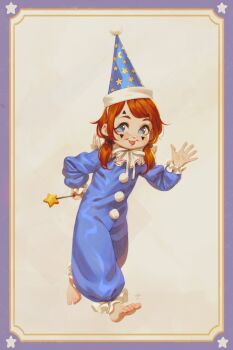 1girl alkemanubis barefoot blue_eyes blue_hat blue_onesie blush bow brown_background brown_bow clown crescent_print facepaint hair_bow hand_on_own_hip hat highres holding holding_wand looking_at_viewer low_twintails neck_ribbon onesie original pom_pom_(clothes) print_headwear red_hair ribbon short_hair smile star_(symbol) star_print teeth twintails walking wand waving white_ribbon wizard_hat