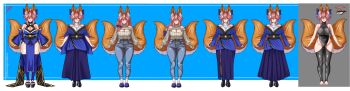 absurdres aged_up animal_ear_fluff animal_ears armpit_crease black_leggings blue_kimono blue_nails blue_pants blue_sandals blue_thighhighs bow breasts cleavage cleavage_cutout clothing_cutout commentary crocs denim detached_sleeves english_commentary fate/extra fate_(series) fox_ears fox_girl fox_tail hair_bow hair_intakes hair_over_shoulder heattech_leotard highleg highleg_leotard highres japanese_clothes jeans jewelry kimono large_breasts leggings leotard long_hair long_skirt mature_eyes mature_female multiple_tails necklace obi pants pelvic_curtain pink_hair platform_shoes pleated_skirt reference_sheet ribbed_sweater romulproduce sandals sash shoes side_slit sideboob sidelocks signature skirt sleeves_past_wrists smile sweater tail tamamo_no_mae_(fate) tassel thighhighs turtleneck turtleneck_sweater twitter_username two_tails wide_hips yellow_eyes