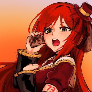 1boy arm_tattoo black_sleeves cassette_player commentary detached_sleeves dress english_commentary gradient_background green_eyes hand_on_own_chest headphones highres listening long_hair m1yuki_kkul male_with_breasts namine_ritsu netsu_ijou_(utau) number_tattoo open_mouth orange_background piano_print red_hair red_nails solo tattoo teeth trap upper_body upper_teeth_only utau