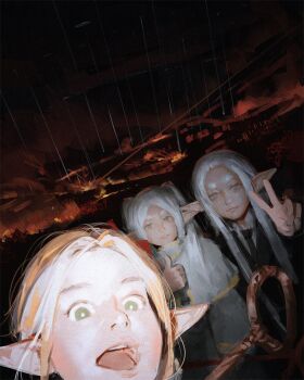 3girls :d ambrosia_(dungeon_meshi) black_necktie blonde_hair camera_flash capelet commentary crossover dungeon_meshi elf english_commentary etona_(pluvium_grandis) fire frieren green_eyes highres long_hair long_pointy_ears looking_at_viewer mage_staff marcille_donato multiple_crossover multiple_girls necktie open_mouth original outdoors outstretched_arm parted_bangs pluvium_grandis pointy_ears rain realistic selfie shirt smile sousou_no_frieren staff thumbs_up v white_capelet white_hair white_shirt