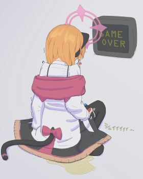 1girl absurdres animal_ear_headphones animal_ears black_pantyhose black_skirt blonde_hair blue_archive bow cat_ear_headphones cat_ears cat_tail controller english_text fake_animal_ears female_focus from_behind game_controller grey_background halo headphones highres holding holding_controller holding_game_controller japanese_text joy-con long_sleeves mageno momoi_(blue_archive) monitor off_shoulder pantyhose pee peeing peeing_self pink_bow puddle red_sweater shirt short_hair simple_background sitting skirt solo sweater tail tail_bow tail_ornament translation_request trembling white_shirt