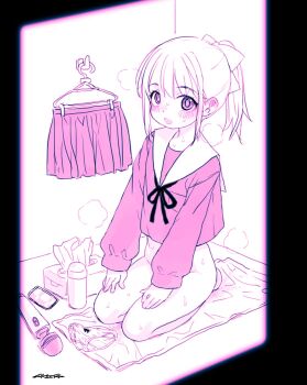 1girl blush bow breath clothes_hanger ear_blush flat_chest hair_bow highres holding holding_clothes_hanger imminent_masturbation mudou_eichi no_panties panties ponytail school_uniform seiza serafuku sex_toy simple_background sitting solo tissue_box underwear vibrator