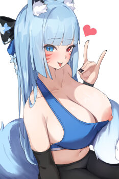 1girl :3 absurdres animal_ear_fluff animal_ears ayasato_ringo_(jae-kun) band_(skymole01) black_nails black_pants blue_eyes blue_hair blue_sports_bra blunt_bangs blunt_ends blush bow breasts cleavage closed_mouth collarbone commentary commission english_commentary fox_ears fox_tail hair_bow highres large_breasts long_hair nipple_slip nipples pants pixiv_commission red_eyes sitting smile solo sports_bra tail