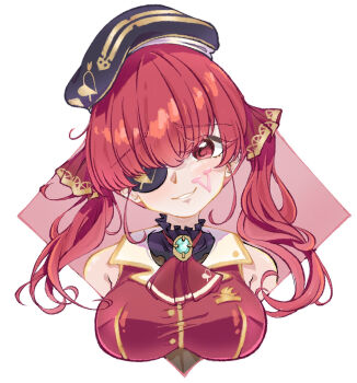 1girl beret black_choker black_hat breasts choker closed_mouth eyepatch frilled_choker frills hat highres hololive houshou_marine houshou_marine_(1st_costume) jacket large_breasts looking_at_viewer red_jacket rorol_reime sleeveless sleeveless_jacket smile solo virtual_youtuber white_background