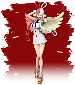 1girl 3d bare_legs bracelet breasts curvy female_focus full_body hair_over_one_eye headset jewelry large_breasts long_hair looking_at_viewer multicolored_hair official_art one_piece one_piece:_pirate_warriors pointing pointing_at_viewer red_hair solo two-tone_hair uta_(one_piece) white_hair wings