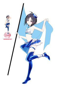 Rule 34 | 1girl, ant, black hair, blue boots, blue skirt, boots, bracelet, breasts, bug, flag, frilled skirt, frills, full body, grin, hat, highres, holding, holding flag, idolmaster, idolmaster (classic), insect, jewelry, kikuchi makoto, leg up, looking at viewer, midriff, mini hat, nankyoku (rnfusqhemd), navel, purple eyes, reference inset, short hair, simple background, skirt, small breasts, smile, solo, standing, standing on one leg, thigh boots, thigh strap, white background, white skirt