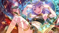 Rule 34 | 1girl, bang dream!, black nails, black skirt, blush, bracelet, breasts, commentary request, crop top, fang, fire, floating hair, hair ornament, highres, jewelry, long hair, looking at viewer, magic, midriff, nail polish, official art, open mouth, purple hair, red eyes, skirt, small breasts, solo, teeth, thigh strap, two side up, udagawa ako, upper teeth only