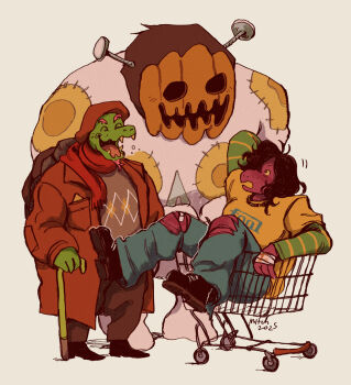 1boy 1girl 1other :o argyle_clothes argyle_sweater bandaged_hand bandages bandaid bandaid_on_knee bandaid_on_leg beard black_shoes brown_coat brown_hair brown_sweater cane coat colored_sclera dated deltarune denim facial_hair freckles furry gerson_boom hair_over_one_eye highres in_shopping_cart jack-o&#039;-lantern jackenstein_(deltarune) jeans jewelry laughing looking_at_another necklace object_head open_mouth opticalorgan pants red_scarf scarf shirt shoes shopping_cart striped_sleeves susie_(deltarune) sweater torn_clothes torn_jeans torn_pants turtle turtle_shell utdr_(toby_fox) white_background yellow_sclera yellow_shirt