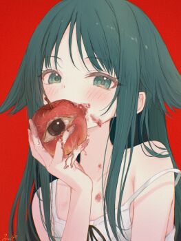 1girl bare_shoulders biting blush commentary_request dress food fruit gameso green_eyes green_hair hair_flaps highres holding holding_food holding_fruit long_hair looking_at_viewer red_background saya_(saya_no_uta) saya_no_uta simple_background sleeveless sleeveless_dress solo upper_body white_dress