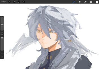 Rule 34 | 1boy, angel, angel wings, closed mouth, grey hair, hair between eyes, hashtag-only commentary, highres, honkai: star rail, honkai (series), kamiyamahigh, looking down, low wings, male focus, short hair, simple background, sunday (honkai: star rail), white background, white wings, wings, yellow eyes