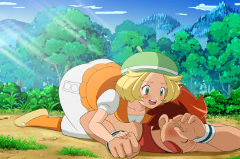 bianca_(pokemon) blonde_hair blue_eyes blush covering_face covering_own_eyes hat kijouyu nintendo on_ground open_mouth outdoors pokemon pokemon_(anime) pokemon_bw saliva stephan_(pokemon) teeth upper_teeth_only