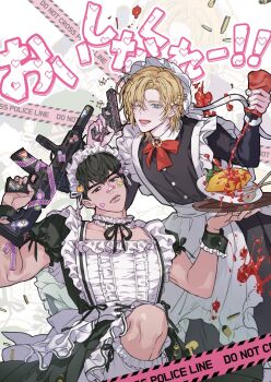 Rule 34 | 2boys, alternate costume, apron, arm up, black dress, black eyes, black hair, black ribbon, blonde hair, blue eyes, bow, choker, closed mouth, commentary, crossdressing, crossdressing (mtf), dress, food, frilled choker, frills, gun, hair between eyes, hamin (plave), handgun, highres, holding, holding gun, holding plate, holding weapon, k-pop, ketchup bottle, korean commentary, long sleeves, maid apron, maid headdress, male focus, medium hair, mole, mole under eye, multiple boys, noah (plave), omelet, one eye closed, parted bangs, plate, plave, red bow, ribbon, rifle, rjduf666, short hair, short sleeves, sticker, sticker on face, weapon, wrist cuffs