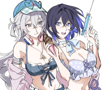 bikini black_hair blue_eyes blue_hair breasts bronya_zaychik bronya_zaychik_(silverwing:_n-ex) cleavage commentary_request denim denim_bikini eyewear_on_head food grey_eyes grey_hair headphones headphones_around_neck heart heart-shaped_eyewear highres holding holding_food holding_ice_cream holding_water_gun honkai_(series) honkai_impact_3rd ice_cream jewelry korean_commentary large_breasts licking_lips long_hair multicolored_hair navel necklace oldsprout1108 seele_vollerei seele_vollerei_(wings_of_panacea) short_hair simple_background stomach swimsuit tongue tongue_out two-tone_hair very_long_hair visor_cap water_gun white_background white_bikini