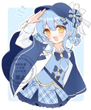 1girl :d black_capelet black_hat blue_hair blue_necktie blue_skirt bow braid braided_hair_rings capelet commentary_request cowboy_shot deerstalker frilled_skirt frills grey_vest hair_bow hair_rings hand_up hat highres long_sleeves looking_at_viewer mahou_shoujo_no_majo_saiban medium_hair necktie notice_lines open_mouth plaid_clothes plaid_skirt shikito_(yawa0w0) skirt smile solo tachibana_sherry vest yellow_eyes