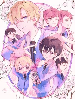 1girl 5boys blonde_hair blue_jacket brown_eyes cherry_blossoms commentary_request double_v fujioka_haruhi glasses haninozuka_mitsukuni hano_luno highres hitachiin_hikaru hitachiin_kaoru holding holding_stuffed_toy jacket looking_at_viewer morinozuka_takashi multiple_boys one_eye_closed ootori_kyouya ouran_high_school_host_club ouran_high_school_uniform school_uniform short_hair smile stuffed_animal stuffed_toy suou_tamaki twintails twitter_username v