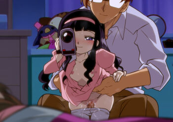 1boy 1girl 1other age_difference bedroom black_hair blush brown_pants camera cardcaptor_sakura censored closed_mouth collared_shirt curtains daidouji_tomoyo dress flat_chest glasses hairband hetero holding holding_camera indoors jcm2 kinomoto_fujitaka loli long_sleeves mosaic_censoring night nipples pants partially_unbuttoned pink_dress pink_hairband purple_eyes pussy recording sex sex_from_behind shirt standing stuffed_toy sweat tinted_eyewear video_camera white_pants white_shirt