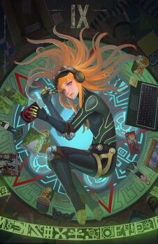 1girl bag bodysuit bottle character_doll clothes computer computer_mouse controller instant_cup_noodles doll female_focus fetal_position food game_console game_controller goggles goggles_on_head hair_spread_out headphones holding holding_removed_eyewear instant_cup_noodles instant_noodles isshiki_wakaba laptop long_hair looking_at_viewer lying magazine_(object) messy_room necronomicon_(persona_5) noodles on_side oracle_(persona_5) orange_hair persona persona_5 playstation_4 pocky ramen red_bull sakura_futaba sakura_soujirou solo sticky_note unworn_eyewear yagaminoue