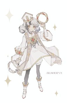 1girl :&gt; absurdres arm_up black_hair black_pantyhose boots character_name cross-shaped_pupils double_bun dress floating_clothes frilled_sleeves frills full_body gem gold_trim hair_bun hat highres identity_v layered_sleeves lily_barriere lily_barriere_(bishop) long_sleeves multicolored_hair official_alternate_costume pantyhose puffy_shorts raised_inner_eyebrows red_gemstone short_over_long_sleeves short_sleeves shorts smile solo symbol-shaped_pupils three-quarter_sleeves two-tone_hair white_boots white_dress white_hair white_hat white_shorts wide_sleeves yellow_eyes yellow_gemstone yue_(shemika98425261)