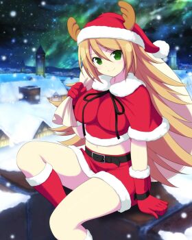 1girl animal_costume antlers arm_support belt black_belt black_ribbon blush boots breasts brick brown_hair chimney christmas city city_lights cityscape fur-trimmed_boots fur-trimmed_gloves fur-trimmed_headwear fur-trimmed_skirt fur_collar fur_trim gloves green_eyes hair_between_eyes hat holding holding_sack horns karasu_(senran_kagura) large_breasts long_hair miniskirt night night_sky non-web_source official_art on_roof open_mouth outdoors red_gloves red_hat red_shirt red_skirt reindeer_antlers reindeer_costume ribbon rooftop sack santa_costume santa_hat senran_kagura senran_kagura_new_wave shiny_skin shirt sitting skirt sky smile snow snowing spiked_hair star_(sky) starry_sky tower wrist_belt