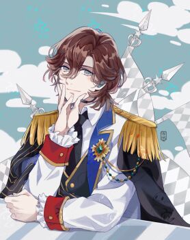 1boy black_cape black_necktie black_vest blue_eyes cape closed_mouth cloud collared_shirt commentary_request epaulettes frilled_sleeves frills gold_trim hair_between_eyes hand_on_own_face kotobuki_reiji lapels long_sleeves looking_at_viewer male_focus necktie notched_lapels parted_bangs parted_hair shirt sitting sky smile solo uta_no_prince-sama vest white_shirt wing_collar xue_ezi