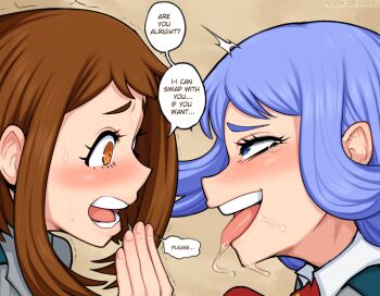 ... 2girls ? afrobull blue_eyes blue_hair blush boku_no_hero_academia brown_eyes brown_hair crying crying_with_eyes_open drooling english_text hado_nejire implied_sex multiple_girls open_mouth ringed_eyes saliva speech_bubble sweat tears teeth tongue tongue_out uraraka_ochako