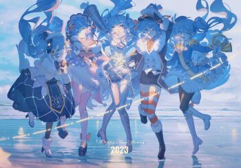 2023 5girls absurdres ahoge aiguillette arms_up band_uniform bass_clef beamed_eighth_notes beret black_coat black_footwear black_gloves black_necktie black_pantyhose black_shorts blue_bow blue_bowtie blue_coat blue_eyes blue_gloves blue_hair blue_headwear blue_jacket blue_necktie blue_skirt boots bow bowtie buttons capelet closed_mouth cloud cloudy_sky coat collared_shirt commentary crescent crescent_hair_ornament detached_sleeves double-breasted eighth_note epaulettes floating_hair fortissimo french_horn frilled_hairband frills full_body fur-trimmed_boots fur-trimmed_coat fur-trimmed_footwear fur-trimmed_kimono fur_trim geta gloves glowing gold_trim grey_footwear grey_skirt grey_sleeves grey_thighhighs hair_bow hair_ornament hair_ribbon hairband hairclip half_gloves happy_new_year hat hat_feather hatsune_miku headdress headset high_heel_boots high_heels highres holding holding_instrument instrument instrument_hair_ornament jacket japanese_clothes kimono knee_boots knees_together_feet_apart konya_karasue layered_clothes layered_kimono leaning_forward leg_up light lineup long_hair looking_at_viewer military military_uniform mini_hat mini_shako_cap miniskirt mittens multiple_girls musical_note musical_note_hair_ornament musical_note_print naval_uniform necktie new_year ocean one_eye_closed open_mouth orange_necktie orange_shirt orange_thighhighs outdoors outstretched_arm outstretched_arms pantyhose peaked_cap pink_bow pink_thighhighs platform_footwear pleated_skirt purple_skirt quarter_note red_bow red_bowtie red_ribbon red_shirt red_thighhighs reflection reflective_liquid ribbon salute scarf see-through_clothes see-through_sleeves shako_cap shirt shoes shorts skindentation skirt sky sleeveless sleeveless_shirt smile snowflake_print snowflakes musical_staff standing standing_on_one_leg star-shaped_pupils star_(symbol) striped_clothes striped_thighhighs sun_hair_ornament symbol-shaped_pupils tabard thighhighs treble_clef twintails vocaloid white_capelet white_coat white_footwear white_gloves white_headwear white_jacket white_mittens white_scarf white_shirt white_skirt white_sky white_thighhighs yuki_miku yuki_miku_(2011) yuki_miku_(2020) yuki_miku_(2021) yuki_miku_(2022) yuki_miku_(2023) zettai_ryouiki