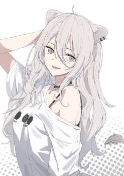 1girl ahoge animal_ear_piercing animal_ears arm_behind_head armpit_crease black_choker bra_strap breasts choker commentary_request double-parted_bangs ev_(dai00888) fang grey_eyes grey_hair hair_between_eyes highres hololive lion_ears lion_girl long_hair looking_at_viewer medium_breasts official_alternate_costume open_mouth shirt shishiro_botan shishiro_botan_(midnight_convenience_store) simple_background single_bare_shoulder skin_fang smile solo upper_body virtual_youtuber white_background white_shirt