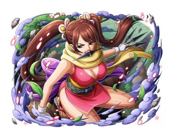 1girl breasts brown_hair cleavage curvy forest full_body holding holding_kunai holding_weapon japanese_clothes katana kimono kunai large_breasts long_hair looking_at_viewer nature ninja obi official_art one_piece one_piece_treasure_cruise open_mouth outdoors pink_kimono sandals sash scarf shinobu_(one_piece) shiny_skin short_kimono solo squatting sweat sword sword_on_back tree twintails v-shaped_eyebrows weapon weapon_in_mouth weapon_on_back wide_hips wind yellow_scarf