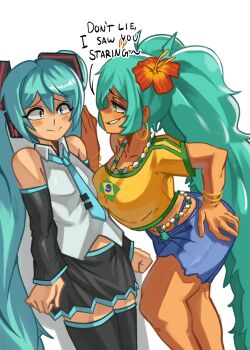 2girls armlet bikini bikini_under_clothes black_leggings black_skirt blue_necktie blue_shorts blush brazilian_flag brazilian_flag_print brazilian_miku commentary detached_sleeves earrings english_commentary female_pubic_hair flag_print flirting flower_hairband gold_earrings grey_shirt hatsune_miku highres jewelry kabedon leggings moxydraws multiple_girls necktie pubic_hair rectangular_earrings selfcest shirt shorts simple_background skirt surprised swimsuit twintails vocaloid white_background yellow_shirt yuri