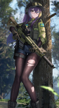 1girl absurdres alina_svard_kovalenko_(laotianaviator) ar-15 assault_rifle black_pantyhose blue_eyes blue_shorts blurry blush camouflage camouflage_shirt commentary commission depth_of_field elcan_scope english_commentary frown glasses gloves goggles goggles_on_headwear gun hair_between_eyes hat heterochromia highres laser_sight leggings long_hair looking_at_viewer molle_vest multicolored_hair original outdoors pantyhose purple_hair radio rifle scar scar_on_face shirt short_shorts shorts sleeves_rolled_up solo sthk swedish_flag torn_clothes torn_leggings tree trigger_discipline weapon yellow_eyes