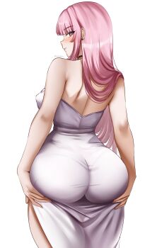 1girl absurdres ass ass_lift blunt_bangs breasts dress from_behind helldeer highres hololive hololive_english large_breasts long_hair looking_at_viewer looking_back median_furrow mori_calliope pink_eyes pink_hair sidelocks simple_background solo straight_hair virtual_youtuber white_background white_dress