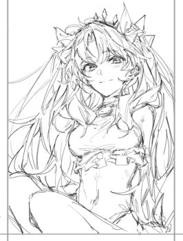 1girl bare_shoulders bikini blush border bow breasts closed_mouth commentary_request covered_navel ereshkigal_(fate) fate/grand_order fate_(series) frilled_bikini frills greyscale hair_bow hair_ribbon jewelry long_hair looking_at_viewer medium_breasts monochrome navel parted_bangs ribbon simple_background sitting sketch smile solo swimsuit tiara two_side_up tyoookozuki white_background