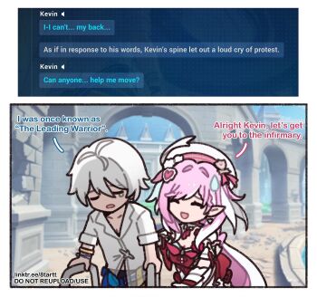 1boy 1girl 8tartt ahoge beret breasts cleavage dress elf elysia_(hi_love_elf)_(honkai_impact) elysia_(honkai_impact) english_text game_screenshot_inset hashtag-only_commentary hat highres honkai_(series) honkai_impact_3rd kevin_kaslana long_hair medium_breasts meme mobility_walker multicolored_hair pink_hair pointy_ears red_dress shirt short_hair sure_grandma_let&#039;s_get_you_to_bed_(meme) sweatdrop two-tone_hair very_long_hair white_hair white_shirt