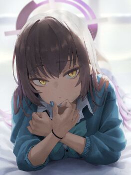 Rule 34 | 1girl, aoteka, aqua cardigan, backlighting, bed, black hair, black skirt, blue archive, blue nails, blurry, blurry background, buttons, cardigan, closed mouth, collared shirt, commentary, crossed wrists, dark-skinned female, dark skin, fingernails, foreshortening, full body, halo, hand on own chin, hands up, highres, indoors, karin (blue archive), karin (school uniform) (blue archive), light blush, long hair, long sleeves, looking at viewer, lying, multicolored hair, nail polish, official alternate costume, on bed, on stomach, purple hair, purple halo, raised eyebrow, school uniform, shirt, skirt, solo, two-tone hair, very long hair, white shirt, window, wristband, yellow eyes