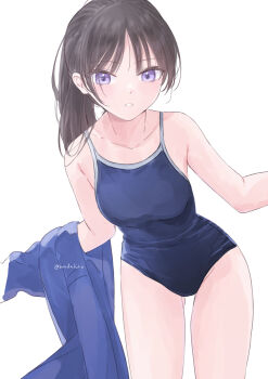1girl absurdres bare_shoulders black_hair blue_jacket blue_one-piece_swimsuit blush breasts collarbone commentary_request highres hondahiro jacket jacket_partially_removed long_hair looking_at_viewer medium_breasts one-piece_swimsuit original parted_lips ponytail purple_eyes school_swimsuit simple_background solo swimsuit white_background