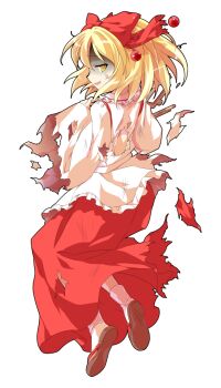 1girl alphes_(style) back blonde_hair bow commentary_request dairi defeat frills from_behind full_body hair_bow hair_ornament instrument large_variant_set long_skirt long_sleeves parody red_bow red_skirt sandals satsuki_rin shaded_face shirt skirt socks solo style_parody tachi-e torn_clothes torn_shirt torn_skirt touhou transparent_background variant_set white_shirt white_socks wide_sleeves