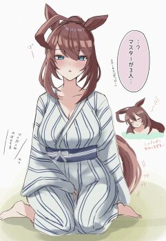 1girl absurdres animal_ears blue_eyes blue_sash blush breasts brown_hair highres horse_ears horse_girl horse_tail japanese_clothes kaniitama kimono large_breasts long_hair looking_at_viewer mihono_bourbon_(umamusume) open_mouth ponytail sash sidelocks sitting solo tail umamusume wariza white_kimono