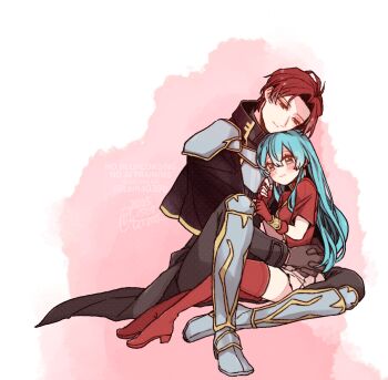 Rule 34 | 1boy, 1girl, 2025, aqua eyes, aqua hair, armor, armored boots, arms around another's waist, black capelet, black shirt, blush, boots, breastplate, breasts, brown gloves, capelet, chin rest, closed mouth, commentary request, eirika (fire emblem), fire emblem, fire emblem: the sacred stones, full body, gloves, grey armor, grey boots, head on chest, head on head, head rest, hetero, high collar, highres, hug, interlocked fingers, knee up, long hair, long sleeves, miniskirt, nintendo, parted bangs, red boots, red eyes, red gloves, red hair, red shirt, sayu030b, seth (fire emblem), shirt, short hair, short sleeves, shoulder armor, skirt, small breasts, smile, thigh boots, thighhighs, twitter username, two-tone background, watermark, white background, white skirt, zettai ryouiki