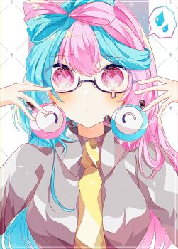 Rule 34 | 1girl, :<, alternate costume, blue hair, bow-shaped hair, breasts, character hair ornament, collared shirt, glasses, grey shirt, hair ornament, highres, iono (pokemon), long hair, long sleeves, looking at viewer, multicolored hair, necktie, nintendo, pink eyes, pink hair, pokemon, pokemon sv, shirt, simple background, solo, to camellia, two-tone hair, upper body, white background, yellow necktie