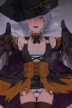 bare_shoulders blue_hair blush bow brown_hair bulge commentary_request corset crossdressing crossdressing_(mtf) half-closed_eyes halloween_costume hat highres looking_at_viewer male_focus on_bed open_mouth original outstretched_hand panties panty_bulge purple_eyes smile steam sunaba_(nczd5875) trap underwear wig witch_hat