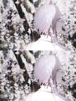 1boy aotsuki_eito chinese_commentary commentary_request floral_background from_behind glasses grey_hair highres looking_ahead looking_at_viewer looking_back male_focus nature-n no_jacket purple_eyes sequential shirt short_hair smile the_hundred_line_-last_defense_academy- upper_body white_shirt