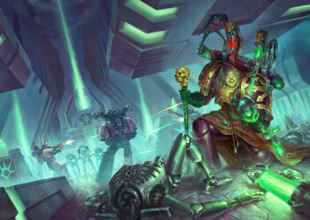 6+boys adeptus_astartes armor backpack bag balding battle bolter cane chaos_(warhammer) chaos_space_marine chaos_undivided_(symbol) commentary cyborg emperor's_children energy energy_beam energy_gun english_commentary evil_smile fabius_bile firing green_light holding holding_cane holding_skull holding_weapon horns jetpack leather_armor lie_setiawan male_focus multiple_boys necron pauldrons power_armor projectile_trail science_fiction shoulder_armor skull skull_ornament smile tomb warhammer_40k weapon